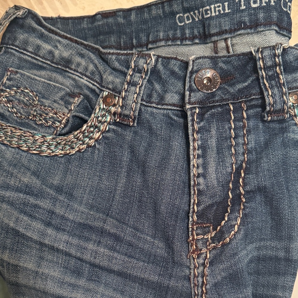 Cowgirl Tuff Faded Blue Bootcut Jeans with Braided Pocket Trim